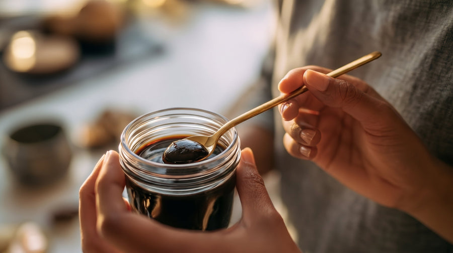 Hands holding a jar of shilajit resin with a golden spoon