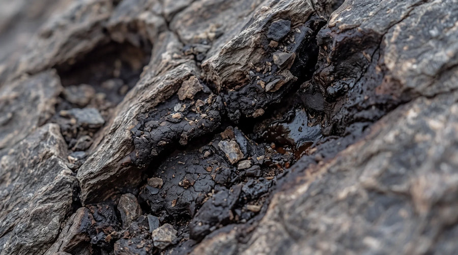 Close-up of raw shilajit resin seeping from cracks in mountain rock