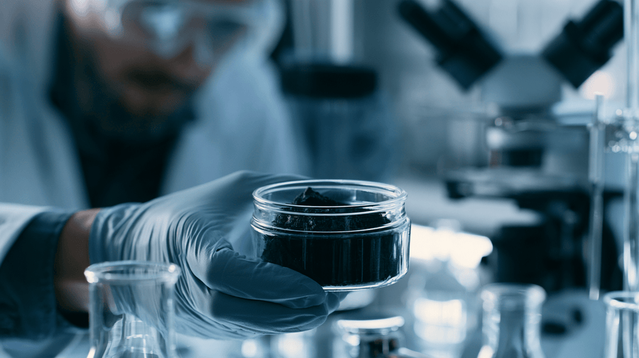 A scientist in gloves holding a jar of shilajit in a laboratory