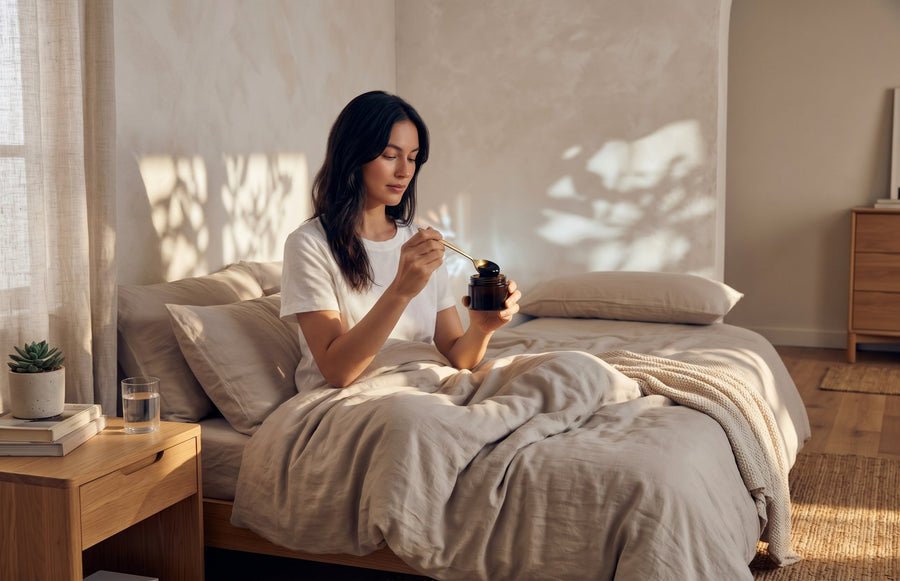 A woman stirring shilajit resin into a warm drink in a calm morning bedroom