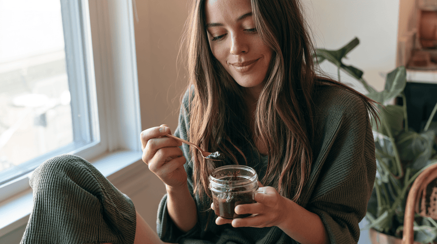 A woman testing shilajit resin