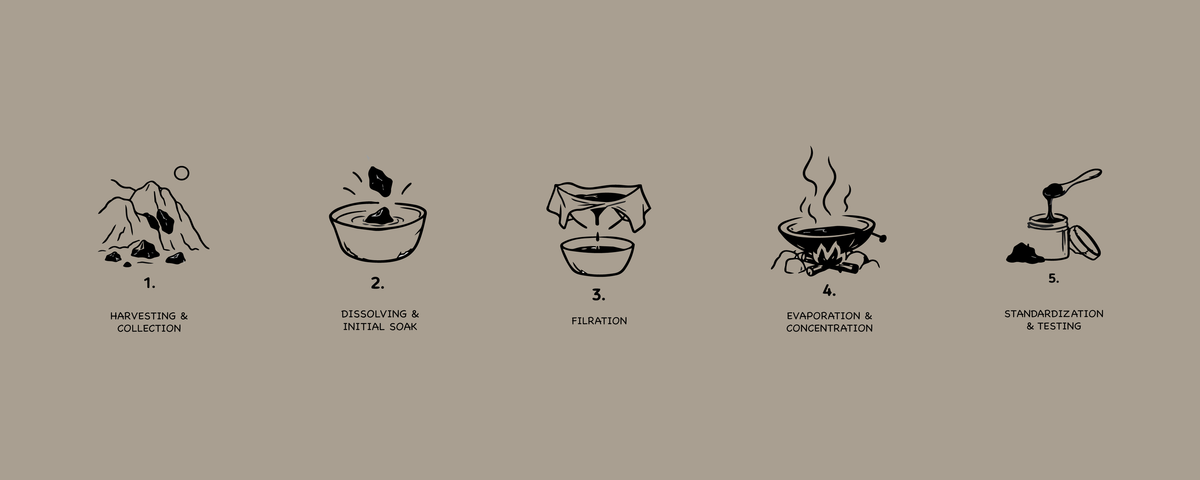Five steps from mountain to jar: harvesting and collection, dissolving and initial soak, filtration, evaporation and concentration, standardization and testing