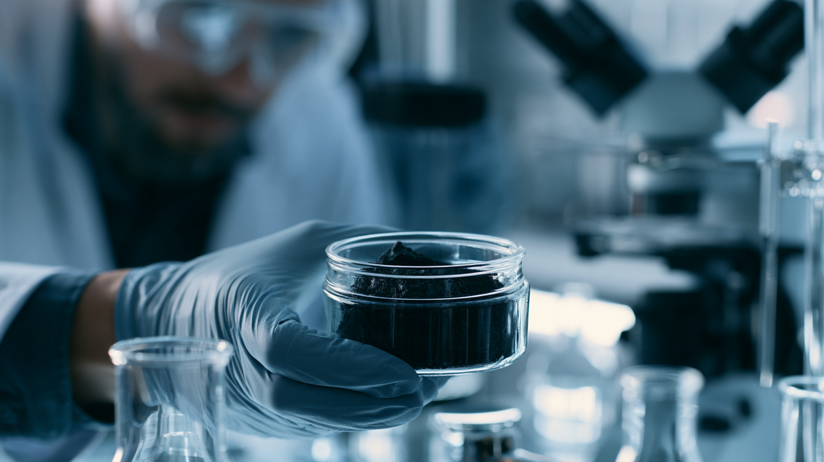 Gloved hand holding a glass jar of Montavita Shilajit resin in a laboratory