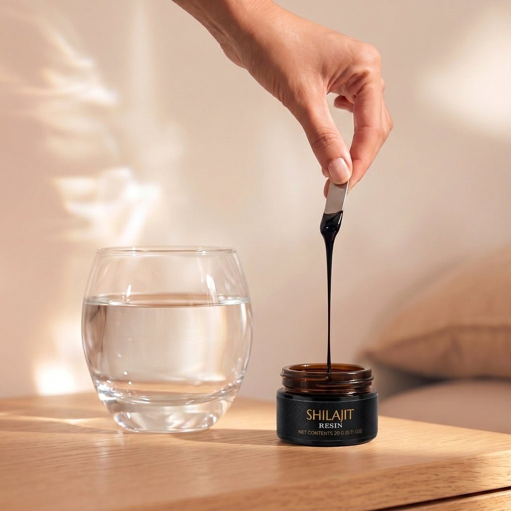 Montavita Shilajit Resin on a bedside table with a glass of water, a hand lifting resin on a small steel spatula