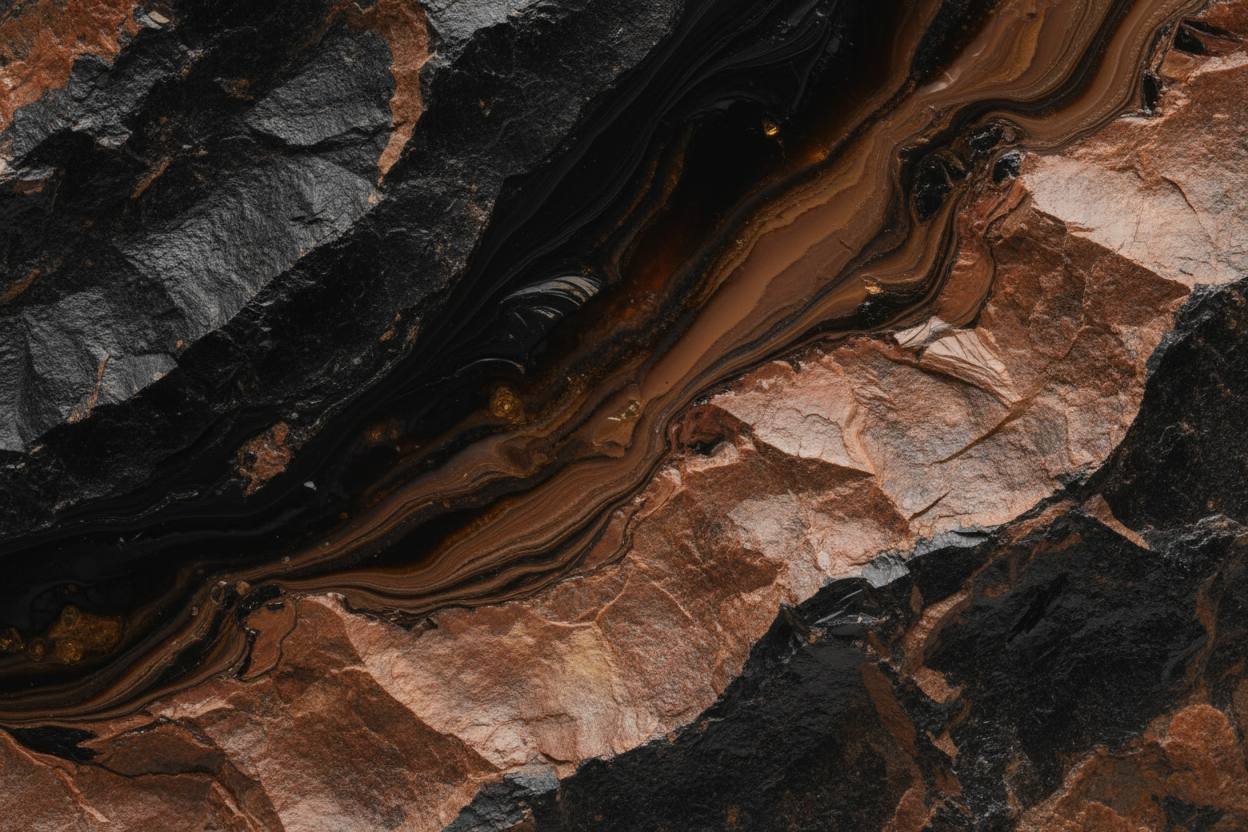 Luxury editorial abstract mineral texture inspired by natural resin and stone, deep charcoal and warm earth tones, macro close-up, soft diffused studio lighting, high contrast but minimal, premium wellness brand aesthetic, modern and timeless, calm and powerful mood, no product, no text, no logo, no people, ultra-clean composition.