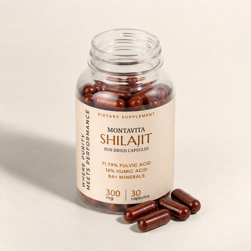Montavita Shilajit Capsules bottle open with capsules scattered beside it