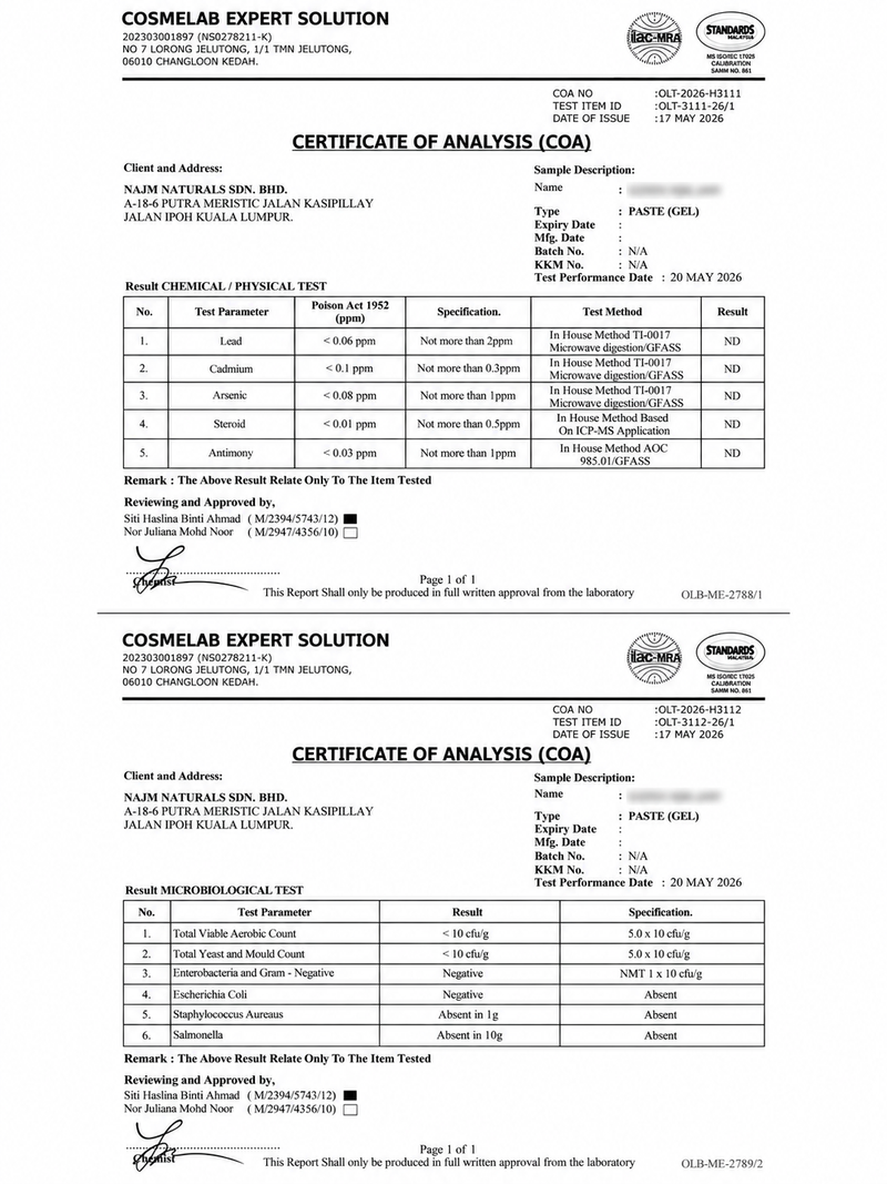 Cosmelab certificate of analysis for Montavita Shilajit