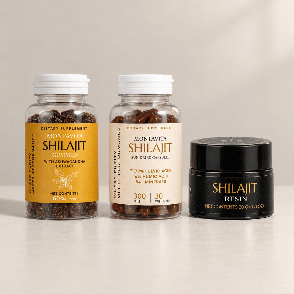 Montavita Signature Collection: Shilajit Gummies, Capsules and Resin side by side