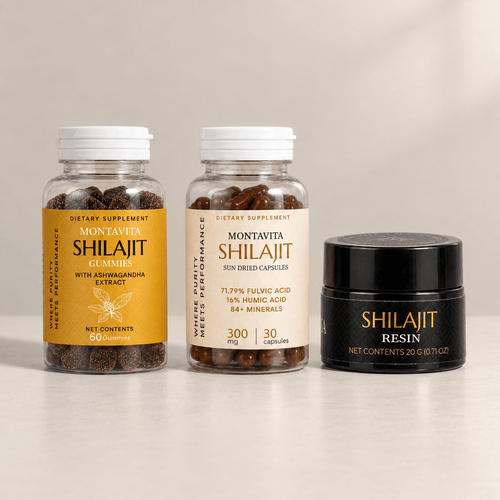 Montavita Signature Collection: Shilajit Gummies, Capsules and Resin side by side