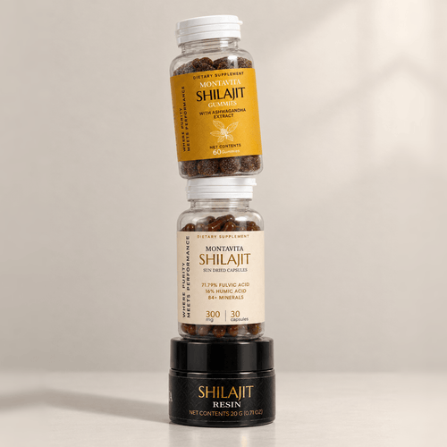 Montavita Signature Collection: Shilajit Gummies, Capsules and Resin stacked together
